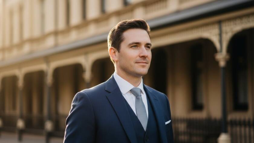 A powerful and impactful Malvern headshot for executive branding in Victoria, featuring a confident professional captured with dramatic backlighting against a blurred, elegant Malvern streetscape, showcasing their expertise.