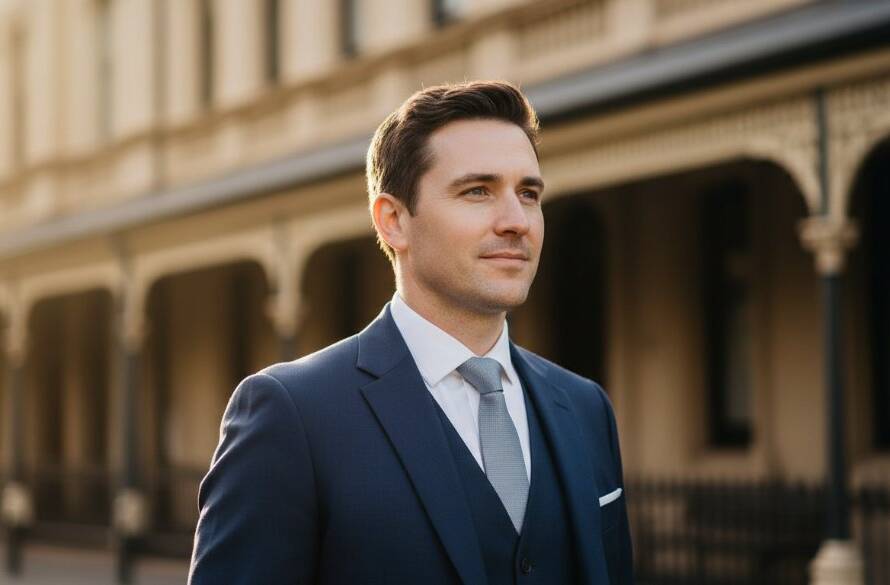 A powerful and impactful Malvern headshot for executive branding in Victoria, featuring a confident professional captured with dramatic backlighting against a blurred, elegant Malvern streetscape, showcasing their expertise.