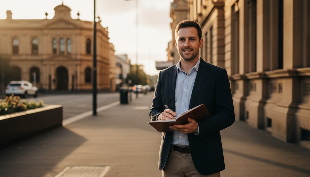 Dramatic, cinematic portrait showcasing impactful personal branding photography Ballarat Central. A creative entrepreneur, bathed in golden hour light, stands confidently amidst Ballarat Central's historic architecture, holding a notebook, conveying expertise and approachability. The professional colour-graded image captures a moment of genuine connection and aspiration.