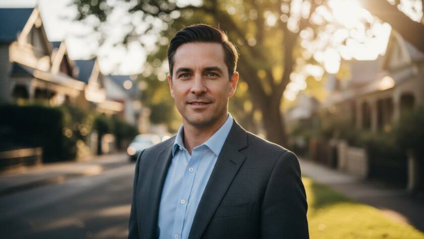 A dynamic, cinematic close-up of a diverse professional radiating confidence, captured outdoors in Caulfield's vibrant garden setting, creating impactful professional headshots Caulfield with dramatic golden hour lighting and shallow depth of field, conveying approachability and strength.