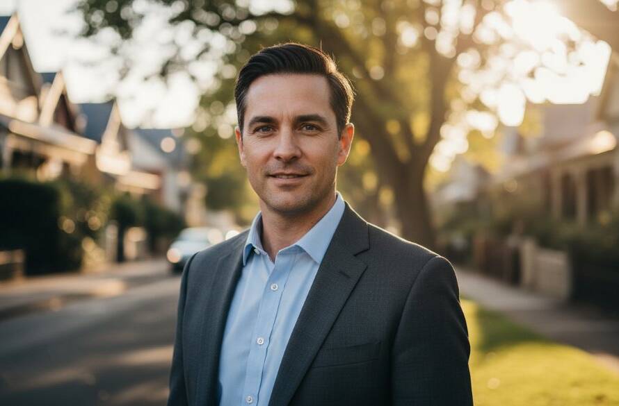 A dynamic, cinematic close-up of a diverse professional radiating confidence, captured outdoors in Caulfield's vibrant garden setting, creating impactful professional headshots Caulfield with dramatic golden hour lighting and shallow depth of field, conveying approachability and strength.