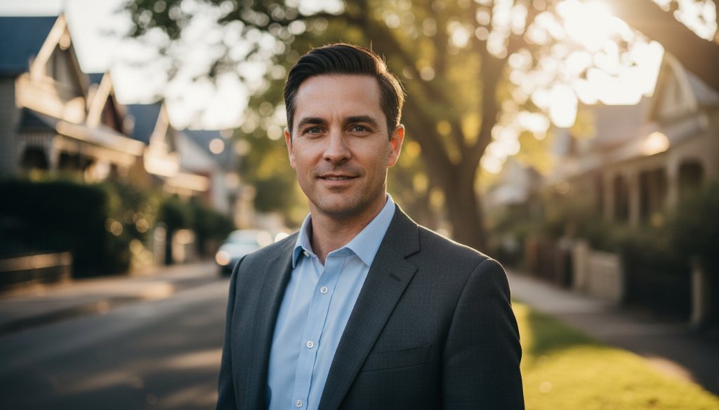 A dynamic, cinematic close-up of a diverse professional radiating confidence, captured outdoors in Caulfield's vibrant garden setting, creating impactful professional headshots Caulfield with dramatic golden hour lighting and shallow depth of field, conveying approachability and strength.