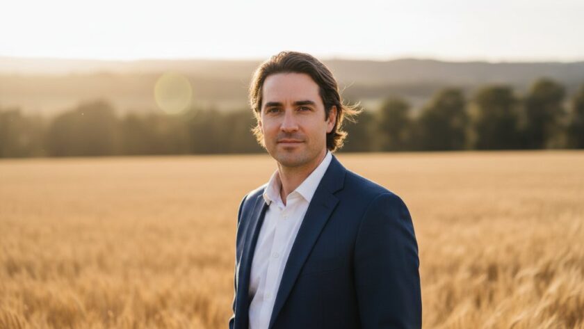 A dynamically lit professional portrait showing an impactful professional headshots Huntly entrepreneur exuding confidence, captured outdoors with dramatic natural light filtering through eucalyptus trees, embodying a strong personal brand.