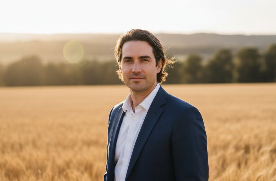 A dynamically lit professional portrait showing an impactful professional headshots Huntly entrepreneur exuding confidence, captured outdoors with dramatic natural light filtering through eucalyptus trees, embodying a strong personal brand.