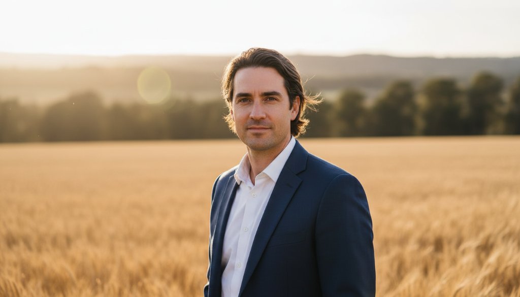 A dynamically lit professional portrait showing an impactful professional headshots Huntly entrepreneur exuding confidence, captured outdoors with dramatic natural light filtering through eucalyptus trees, embodying a strong personal brand.