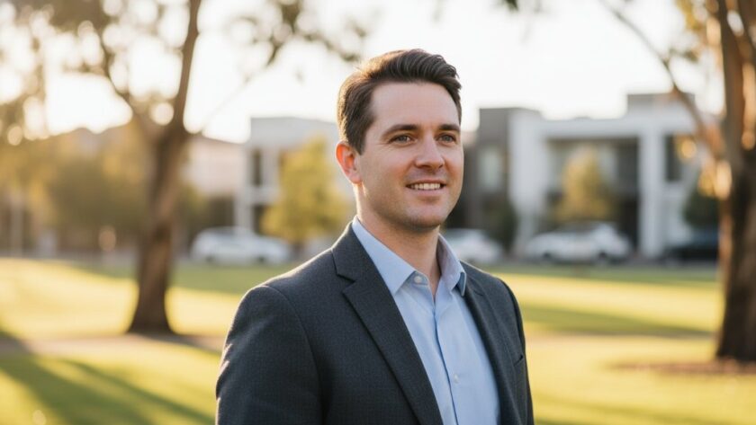 A confident male professional, mid-laugh, captured in a sun-drenched outdoor setting near the Newborough wetlands, showcasing impactful professional headshots Newborough businesses, with dynamic light and a natural, engaging expression.