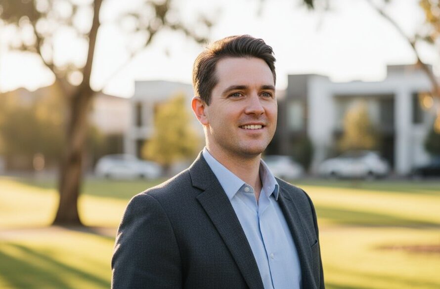 A confident male professional, mid-laugh, captured in a sun-drenched outdoor setting near the Newborough wetlands, showcasing impactful professional headshots Newborough businesses, with dynamic light and a natural, engaging expression.