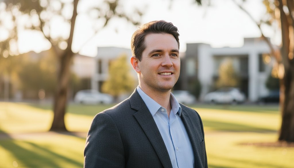 A confident male professional, mid-laugh, captured in a sun-drenched outdoor setting near the Newborough wetlands, showcasing impactful professional headshots Newborough businesses, with dynamic light and a natural, engaging expression.