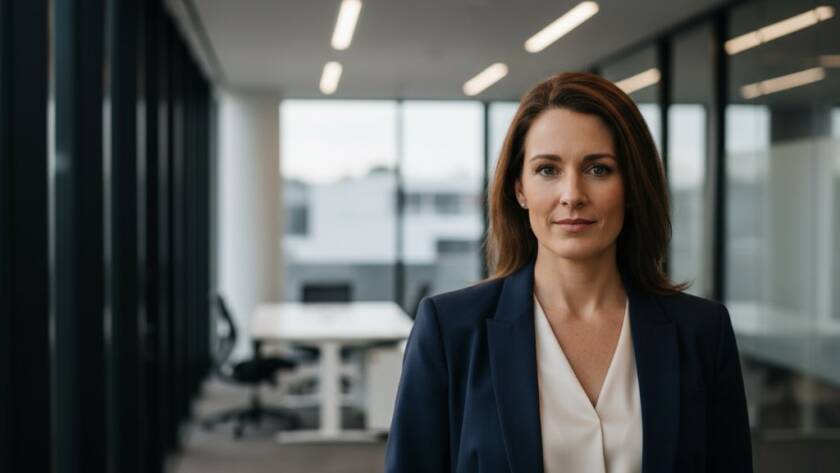 A confident business professional in a stylish suit gazes directly at the camera, captured in an 'epic moment' style with dramatic, cinematic lighting in a modern Rowville office setting, representing impactful professional headshots Rowville for career elevation.