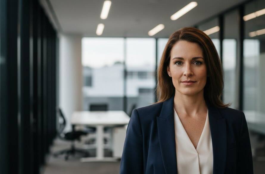 A confident business professional in a stylish suit gazes directly at the camera, captured in an 'epic moment' style with dramatic, cinematic lighting in a modern Rowville office setting, representing impactful professional headshots Rowville for career elevation.