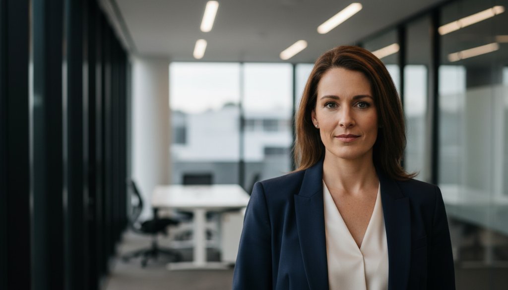A confident business professional in a stylish suit gazes directly at the camera, captured in an 'epic moment' style with dramatic, cinematic lighting in a modern Rowville office setting, representing impactful professional headshots Rowville for career elevation.