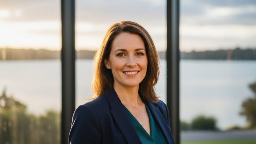 A confident young professional, dressed in smart business attire, looking directly at the camera with a warm, determined smile, captured in impactful professional headshots Wendouree for career growth. The background is a subtly blurred, elegant interior space with soft, natural light streaming through a window, providing a professional and sophisticated atmosphere. Dramatic, soft lighting highlights their features, professionally colour-graded.