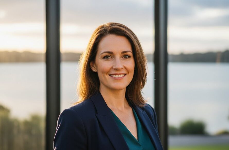 A confident young professional, dressed in smart business attire, looking directly at the camera with a warm, determined smile, captured in impactful professional headshots Wendouree for career growth. The background is a subtly blurred, elegant interior space with soft, natural light streaming through a window, providing a professional and sophisticated atmosphere. Dramatic, soft lighting highlights their features, professionally colour-graded.