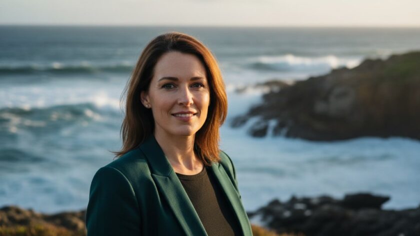 A confident professional woman in her 30s, captured in impactful professional headshots Wonthaggi, smiling genuinely against a softly blurred, sun-drenched coastal backdrop near Cape Paterson, dramatic golden hour lighting highlighting her determined expression and stylish business attire, a true portfolio hero shot.
