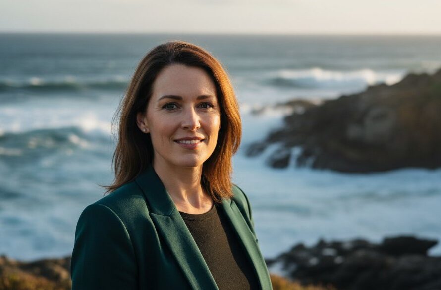 A confident professional woman in her 30s, captured in impactful professional headshots Wonthaggi, smiling genuinely against a softly blurred, sun-drenched coastal backdrop near Cape Paterson, dramatic golden hour lighting highlighting her determined expression and stylish business attire, a true portfolio hero shot.