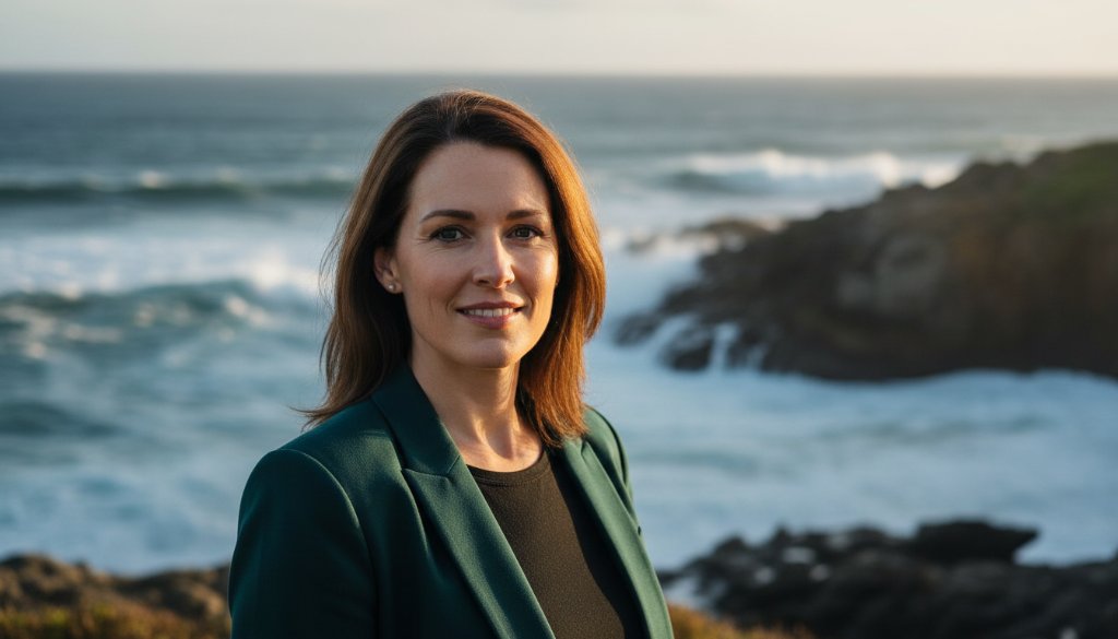 A confident professional woman in her 30s, captured in impactful professional headshots Wonthaggi, smiling genuinely against a softly blurred, sun-drenched coastal backdrop near Cape Paterson, dramatic golden hour lighting highlighting her determined expression and stylish business attire, a true portfolio hero shot.