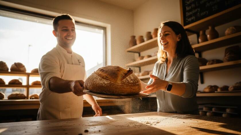 Dynamic wide shot showcasing the impactful Sunshine North advertising photography of a local cafe owner proudly presenting their artisanal coffee to a beaming customer, bathed in golden hour sunlight, highlighting community and quality.