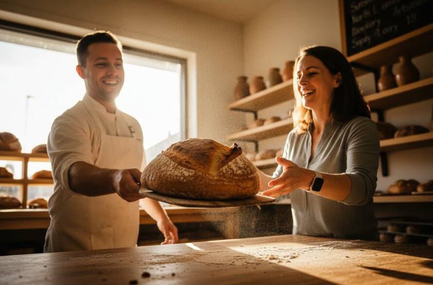 Dynamic wide shot showcasing the impactful Sunshine North advertising photography of a local cafe owner proudly presenting their artisanal coffee to a beaming customer, bathed in golden hour sunlight, highlighting community and quality.