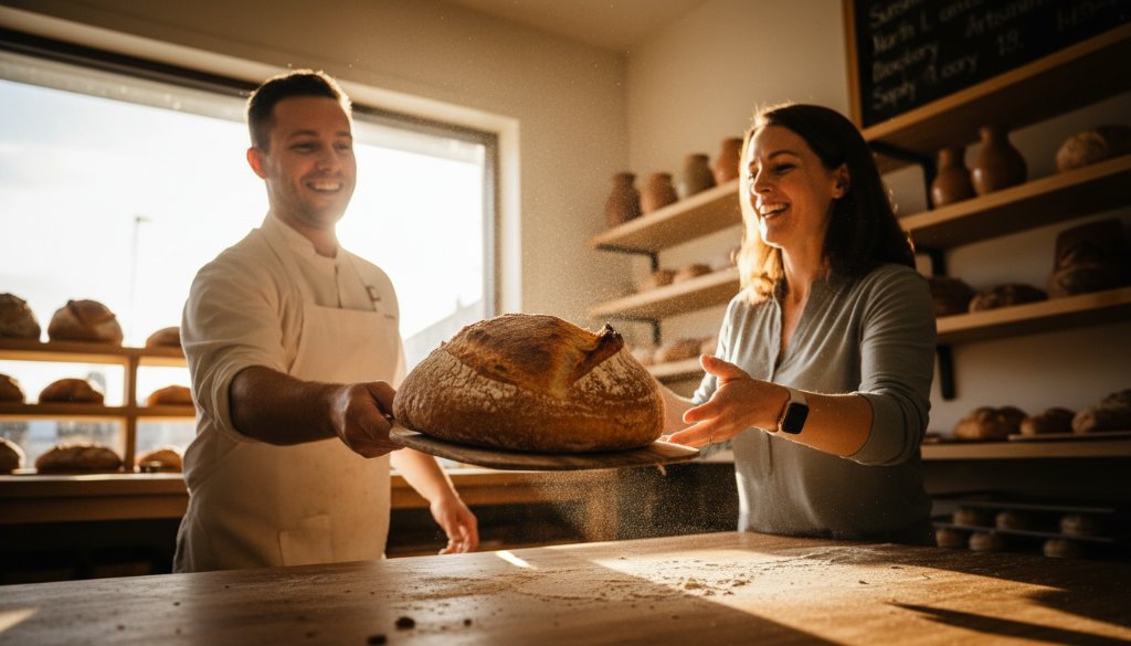 Dynamic wide shot showcasing the impactful Sunshine North advertising photography of a local cafe owner proudly presenting their artisanal coffee to a beaming customer, bathed in golden hour sunlight, highlighting community and quality.