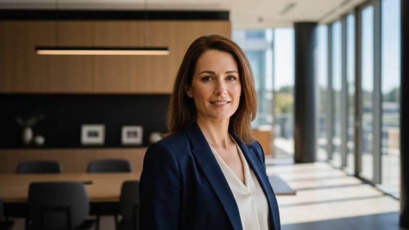 Dynamic, cinematic portrait of a confident female executive delivering impactful Templestowe corporate headshots for local professionals, captured with dramatic lighting against a modern, sunlit office backdrop in Templestowe, Victoria.