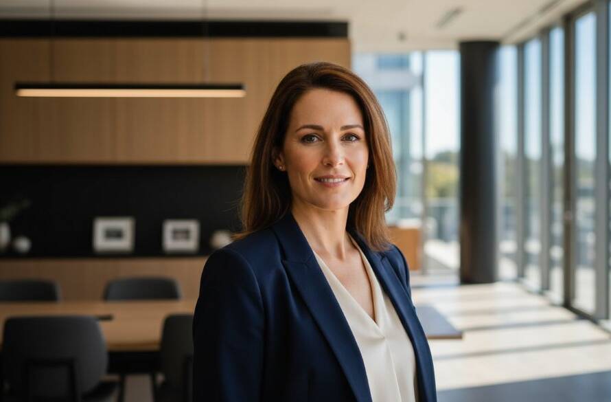 Dynamic, cinematic portrait of a confident female executive delivering impactful Templestowe corporate headshots for local professionals, captured with dramatic lighting against a modern, sunlit office backdrop in Templestowe, Victoria.