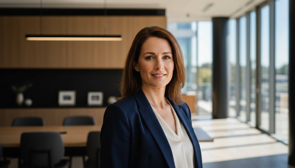 Dynamic, cinematic portrait of a confident female executive delivering impactful Templestowe corporate headshots for local professionals, captured with dramatic lighting against a modern, sunlit office backdrop in Templestowe, Victoria.