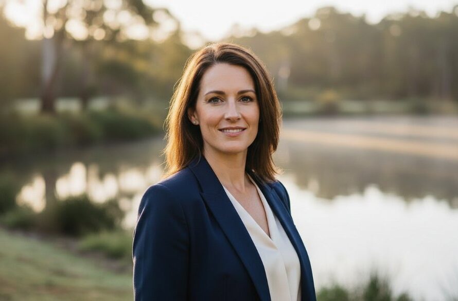 An impactful Traralgon professional headshot of a confident female business leader, standing against a blurred backdrop of the Traralgon Railway Reservoir at dawn. Dramatic side lighting highlights her determined expression and smart business attire, creating an epic moment of empowered leadership.