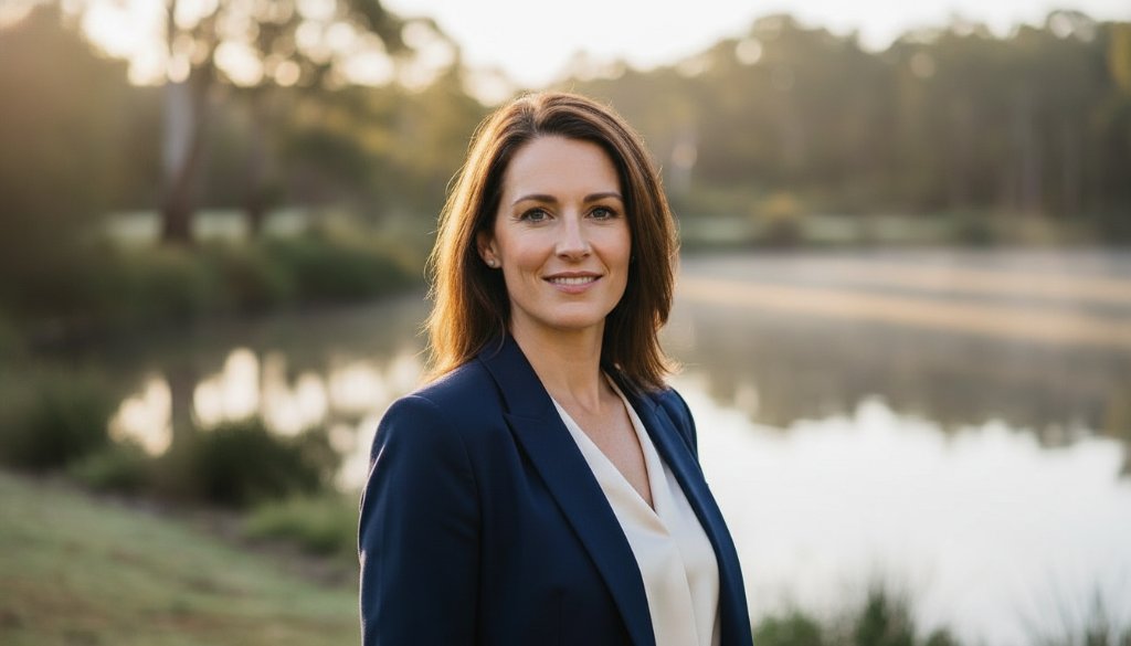 An impactful Traralgon professional headshot of a confident female business leader, standing against a blurred backdrop of the Traralgon Railway Reservoir at dawn. Dramatic side lighting highlights her determined expression and smart business attire, creating an epic moment of empowered leadership.