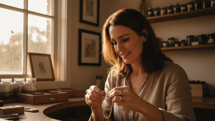 An impactful Vermont business branding photography shot, featuring a dynamic local artisan passionately crafting bespoke jewellery in their sunlit Vermont studio, dramatic side lighting highlighting their focused expression and the intricate details of their work, conveying authenticity and skill.