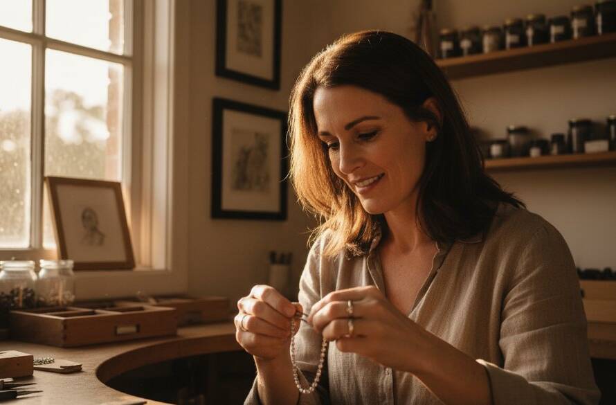 An impactful Vermont business branding photography shot, featuring a dynamic local artisan passionately crafting bespoke jewellery in their sunlit Vermont studio, dramatic side lighting highlighting their focused expression and the intricate details of their work, conveying authenticity and skill.