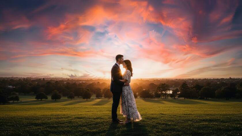 A dramatic, cinematic wide shot capturing an engaged couple in an Intimate Bayswater Pre-Wedding Photoshoot Victoria, sharing a tender moment at sunset amidst a picturesque, leafy park, with golden hour light silhouetting them against the vibrant sky.