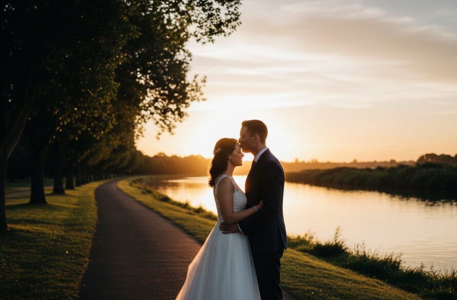 An emotionally charged, candid moment captured with Intimate Belmont Victoria Wedding Photography, showing a newlywed couple embracing under soft, golden hour light in a lush Belmont park, reflecting pure joy and connection.