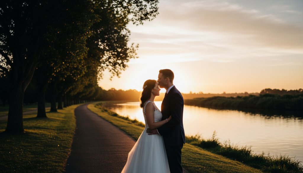 An emotionally charged, candid moment captured with Intimate Belmont Victoria Wedding Photography, showing a newlywed couple embracing under soft, golden hour light in a lush Belmont park, reflecting pure joy and connection.