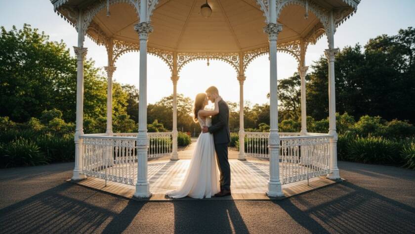 An epic, dramatic wide-angle photograph capturing an intimate Bentleigh pre-wedding photoshoot couple embracing passionately at sunset by Allnutt Park's iconic Rotunda, with golden hour light silhouetting them against vibrant Victorian greenery, professionally colour-graded.