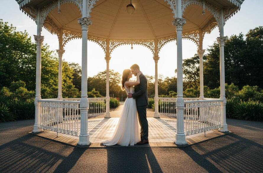 An epic, dramatic wide-angle photograph capturing an intimate Bentleigh pre-wedding photoshoot couple embracing passionately at sunset by Allnutt Park's iconic Rotunda, with golden hour light silhouetting them against vibrant Victorian greenery, professionally colour-graded.