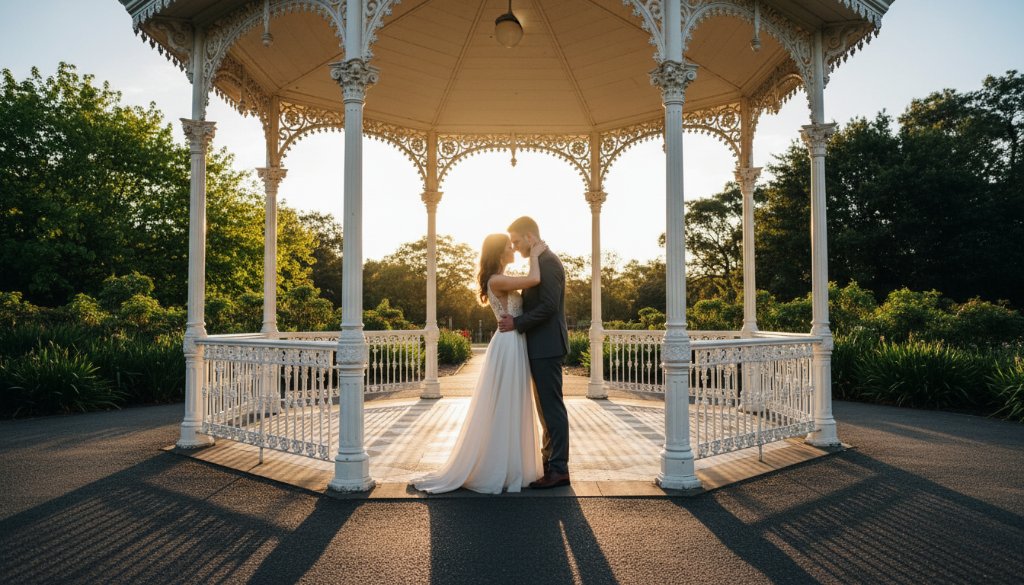 An epic, dramatic wide-angle photograph capturing an intimate Bentleigh pre-wedding photoshoot couple embracing passionately at sunset by Allnutt Park's iconic Rotunda, with golden hour light silhouetting them against vibrant Victorian greenery, professionally colour-graded.