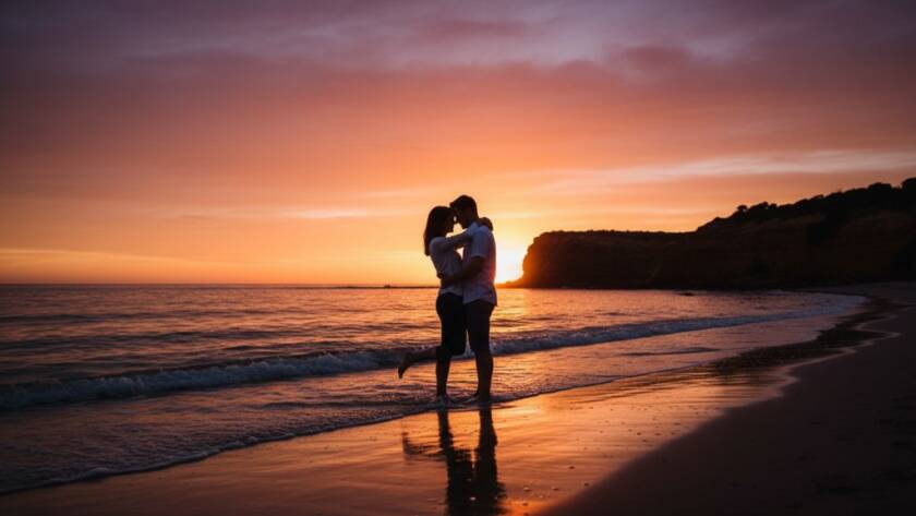 An epic moment captured during intimate Black Rock engagement photography capturing genuine coastal love, featuring a couple embracing passionately against a dramatic sunset over Half Moon Bay, waves crashing gently, with warm, golden light illuminating their faces and the iconic Red Bluff cliffs in the background.