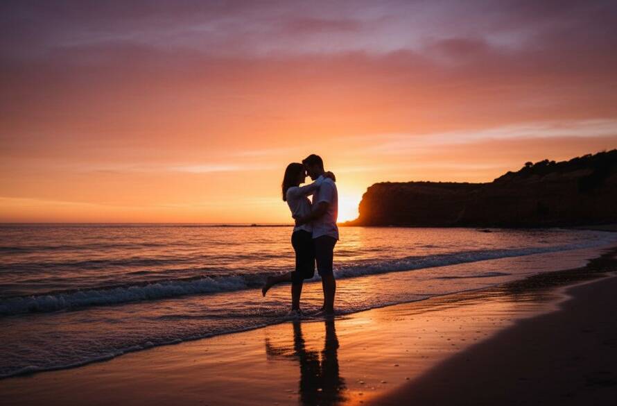 An epic moment captured during intimate Black Rock engagement photography capturing genuine coastal love, featuring a couple embracing passionately against a dramatic sunset over Half Moon Bay, waves crashing gently, with warm, golden light illuminating their faces and the iconic Red Bluff cliffs in the background.