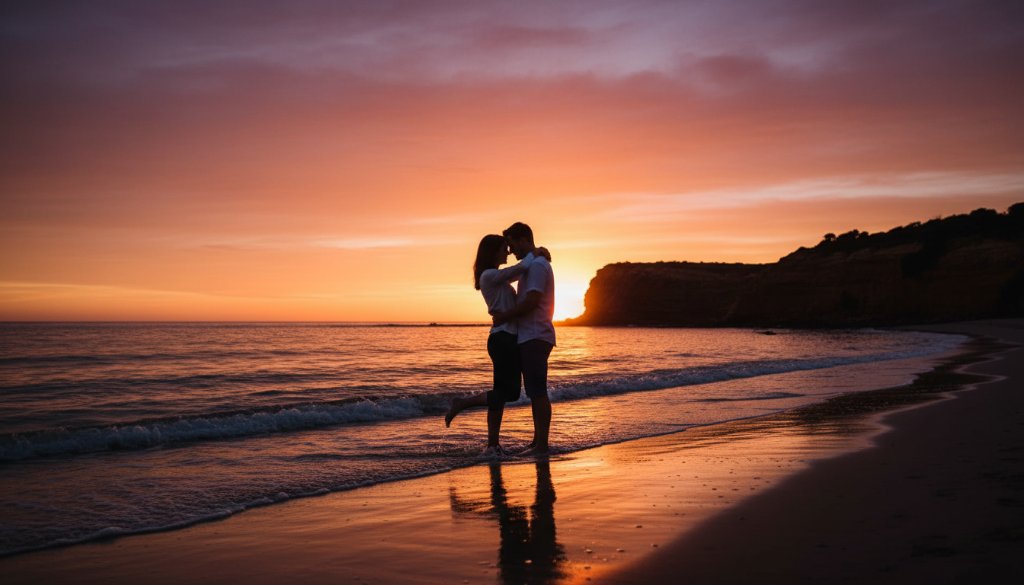 An epic moment captured during intimate Black Rock engagement photography capturing genuine coastal love, featuring a couple embracing passionately against a dramatic sunset over Half Moon Bay, waves crashing gently, with warm, golden light illuminating their faces and the iconic Red Bluff cliffs in the background.