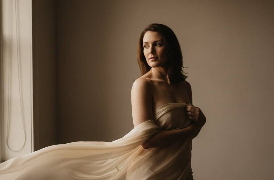 A breathtaking, professional studio portrait of a woman embodying confidence and grace through intimate boudoir photography in Croydon Hills, Victoria, illuminated by dramatic soft light, showcasing her radiant elegance as an epic moment.