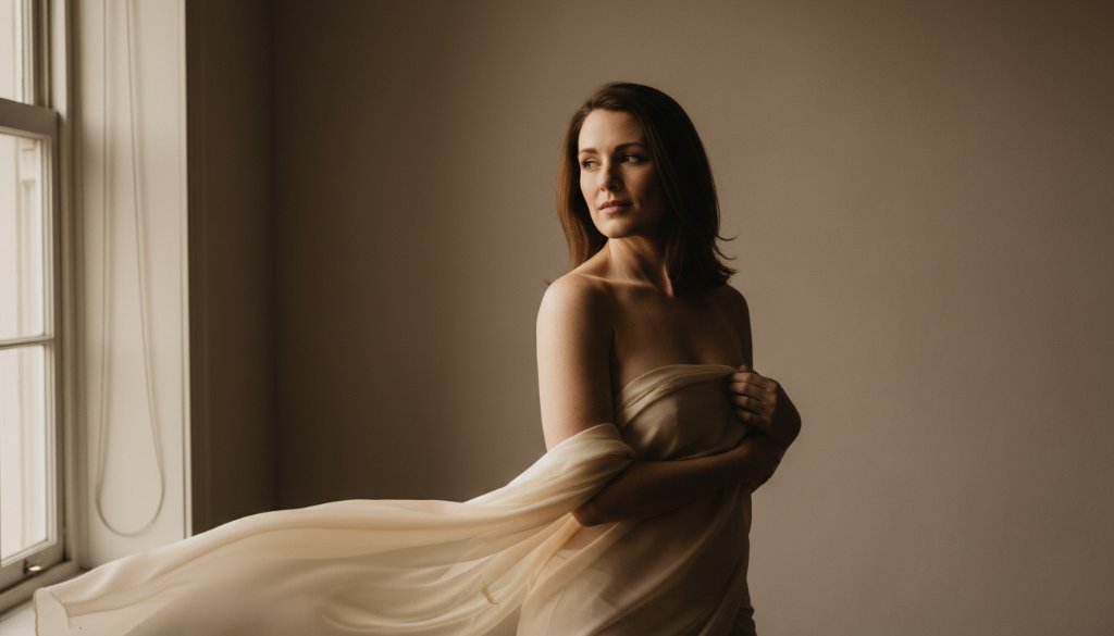 A breathtaking, professional studio portrait of a woman embodying confidence and grace through intimate boudoir photography in Croydon Hills, Victoria, illuminated by dramatic soft light, showcasing her radiant elegance as an epic moment.