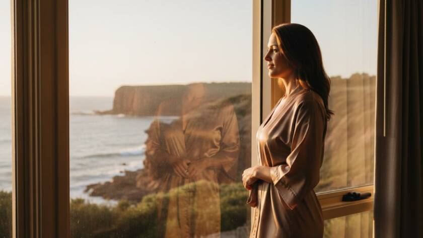 A stunning, dramatic close-up portrait from an intimate boudoir photography experience in Black Rock, Victoria, featuring a woman softly lit by golden hour light from a large window, creating a beautiful silhouette against a blurred coastal backdrop. The woman is posed elegantly, her expression serene and confident, captured with professional colour grading and cinematic depth.