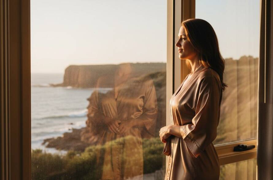 A stunning, dramatic close-up portrait from an intimate boudoir photography experience in Black Rock, Victoria, featuring a woman softly lit by golden hour light from a large window, creating a beautiful silhouette against a blurred coastal backdrop. The woman is posed elegantly, her expression serene and confident, captured with professional colour grading and cinematic depth.