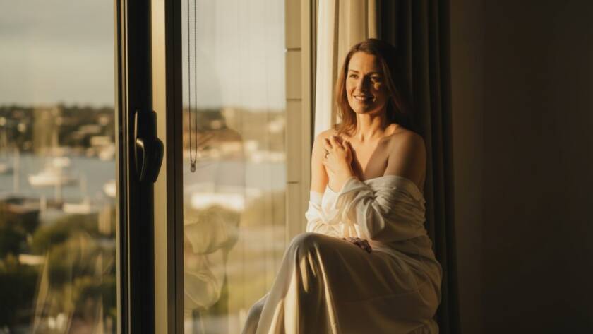 A stunning, dramatically lit portrait from an intimate boudoir photography experience in Newport, Victoria, featuring a woman softly silhouetted against a window, embodying grace and confidence in a luxurious setting.