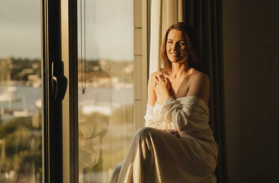 A stunning, dramatically lit portrait from an intimate boudoir photography experience in Newport, Victoria, featuring a woman softly silhouetted against a window, embodying grace and confidence in a luxurious setting.