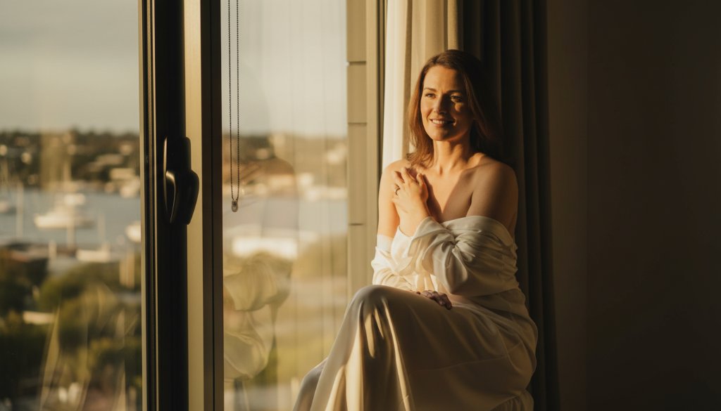 A stunning, dramatically lit portrait from an intimate boudoir photography experience in Newport, Victoria, featuring a woman softly silhouetted against a window, embodying grace and confidence in a luxurious setting.