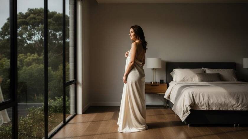 A powerfully artistic and emotionally resonant image from an intimate boudoir photography session Templestowe, featuring a confident woman silhouetted against soft window light in a luxurious Templestowe home, capturing a moment of profound self-acceptance and beauty with dramatic lighting and professional colour grading.