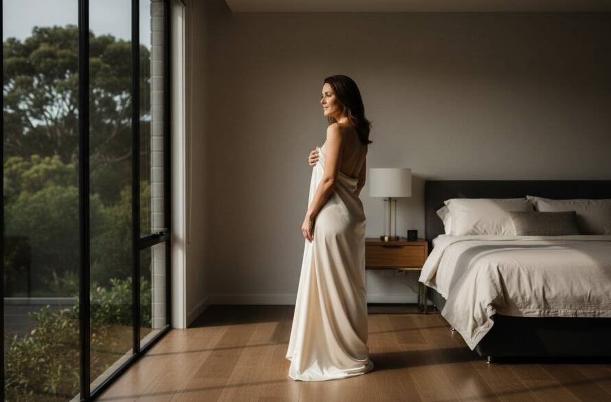 A powerfully artistic and emotionally resonant image from an intimate boudoir photography session Templestowe, featuring a confident woman silhouetted against soft window light in a luxurious Templestowe home, capturing a moment of profound self-acceptance and beauty with dramatic lighting and professional colour grading.