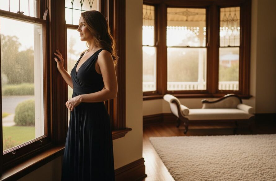 An "epic moment" photograph capturing a woman's confident, sensual silhouette against the soft, morning light filtering through a period home window in Soldiers Hill, Victoria, epitomizing "Intimate Boudoir Photography Soldiers Hill Victoria".
