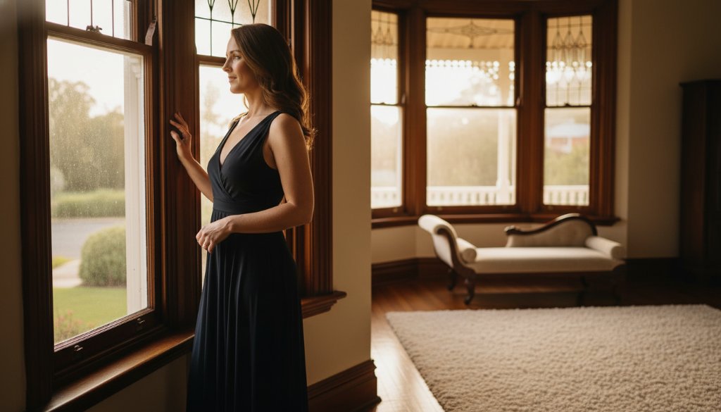 An "epic moment" photograph capturing a woman's confident, sensual silhouette against the soft, morning light filtering through a period home window in Soldiers Hill, Victoria, epitomizing "Intimate Boudoir Photography Soldiers Hill Victoria".